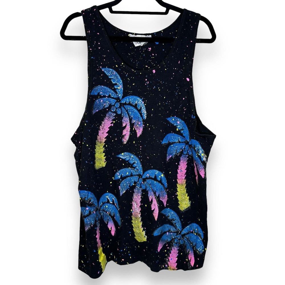 Women's Muscle Tank Beach Coverup Black One Size Fits All Splatter Palm Tree VTG - Picture 1 of 6